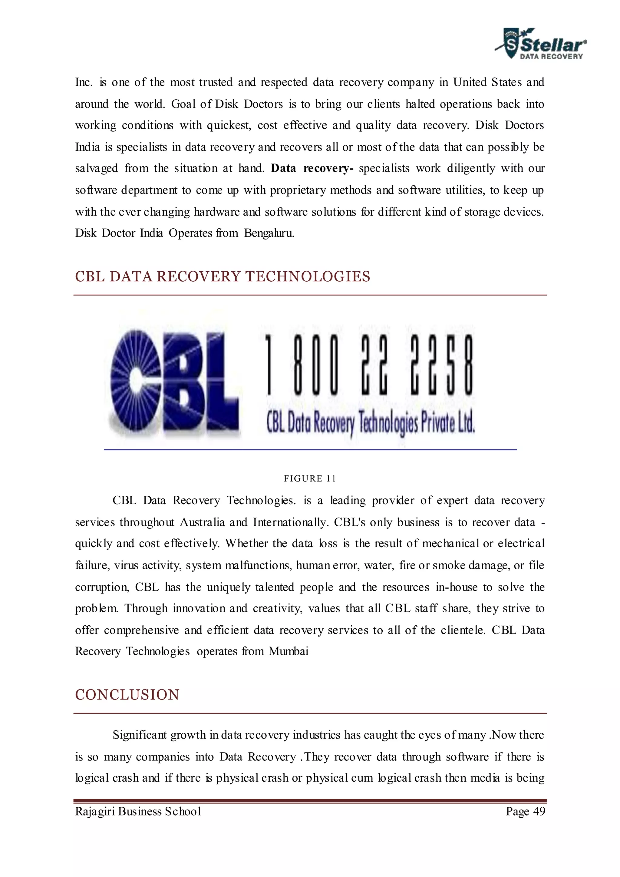 Rajagiri Business School Page 49
Inc. is one of the most trusted and respected data recovery company in United States and
around the world. Goal of Disk Doctors is to bring our clients halted operations back into
working conditions with quickest, cost effective and quality data recovery. Disk Doctors
India is specialists in data recovery and recovers all or most of the data that can possibly be
salvaged from the situation at hand. Data recovery- specialists work diligently with our
software department to come up with proprietary methods and software utilities, to keep up
with the ever changing hardware and software solutions for different kind of storage devices.
Disk Doctor India Operates from Bengaluru.
CBL DATA RECOVERY TECHNOLOGIES
FIGURE 11
CBL Data Recovery Technologies. is a leading provider of expert data recovery
services throughout Australia and Internationally. CBL's only business is to recover data -
quickly and cost effectively. Whether the data loss is the result of mechanical or electrical
failure, virus activity, system malfunctions, human error, water, fire or smoke damage, or file
corruption, CBL has the uniquely talented people and the resources in-house to solve the
problem. Through innovation and creativity, values that all CBL staff share, they strive to
offer comprehensive and efficient data recovery services to all of the clientele. CBL Data
Recovery Technologies operates from Mumbai
CONCLUSION
Significant growth in data recovery industries has caught the eyes of many .Now there
is so many companies into Data Recovery .They recover data through software if there is
logical crash and if there is physical crash or physical cum logical crash then media is being
 