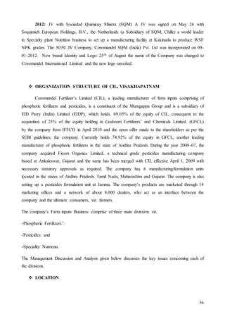 36
2012: JV with Sociedad Quimicay Minera (SQM) A JV was signed on May 26 with
Soquimich European Holdings, B.V., the Netherlands (a Subsidiary of SQM, Chille) a world leader
in Specialty plant Nutrition business to set up a manufacturing facility at Kakinada to produce WSF
NPK grades. The 50:50 JV Company, Coromandel SQM (India) Pvt. Ltd was incorporated on 09-
01-2012. New brand Identity and Logo: 25th of August the name of the Company was changed to
Coromandel International Limited and the new logo unveiled.
 ORGANIZATION STRUCTURE OF CIL, VISAKHAPATNAM
Coromandel Fertilizer’s Limited (CIL), a leading manufacturer of farm inputs comprising of
phosphoric fertilizers and pesticides, is a constituent of the Murugappa Group and is a subsidiary of
EID Parry (India) Limited (EIDP), which holds. 69.05% of the equity of CIL, consequent to the
acquisition of 25% of the equity holding in Godavari Fertilizers’ and Chemicals Limited. (GFCL)
by the company from IFFCO in April 2010 and the open offer made to the shareholders as per the
SEBI guidelines, the company. Currently holds 74.92% of the equity in GFCL, another leading
manufacturer of phosphoric fertilizers in the state of Andhra Pradesh. During the year 2009-07, the
company acquired Ficom Organics Limited, a technical grade pesticides manufacturing company
based at Ankaleswar, Gujarat and the same has been merged with CIL effective April 1, 2009 with
necessary statutory approvals as required. The company has 6 manufacturing/formulation units
located in the states of Andhra Pradesh, Tamil Nadu, Maharashtra and Gujarat. The company is also
setting up a pesticides formulation unit at Jammu. The company’s products are marketed through 14
marketing offices and a network of about 8,000 dealers, who act as an interface between the
company and the ultimate consumers, viz. farmers.
The company’s Farm inputs Business comprise of three main divisions viz.
-Phosphoric Fertilizers’:
-Pesticides: and
-Speciality Nutrients.
The Management Discussion and Analysis given below discusses the key issues concerning each of
the divisions.
 LOCATION
 