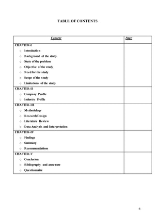 6
TABLE OF CONTENTS
Content Page
CHAPTER-I
o Introduction
o Background of the study
o State of the problem
o Objective of the study
o Needfor the study
o Scope of the study
o Limitations of the study
CHAPTER-II
o Company Profile
o Industry Profile
CHAPTER-III
o Methodology
o ResearchDesign
o Literature Review
o Data Analysis and Interpretation
CHAPTER-IV
o Findings
o Summary
o Recommendations
CHAPTER-V
o Conclusion
o Bibliography and annexure
o Questionnaire
 