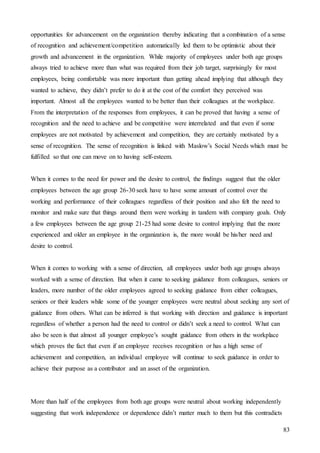 83
opportunities for advancement on the organization thereby indicating that a combination of a sense
of recognition and achievement/competition automatically led them to be optimistic about their
growth and advancement in the organization. While majority of employees under both age groups
always tried to achieve more than what was required from their job target, surprisingly for most
employees, being comfortable was more important than getting ahead implying that although they
wanted to achieve, they didn’t prefer to do it at the cost of the comfort they perceived was
important. Almost all the employees wanted to be better than their colleagues at the workplace.
From the interpretation of the responses from employees, it can be proved that having a sense of
recognition and the need to achieve and be competitive were interrelated and that even if some
employees are not motivated by achievement and competition, they are certainly motivated by a
sense of recognition. The sense of recognition is linked with Maslow’s Social Needs which must be
fulfilled so that one can move on to having self-esteem.
When it comes to the need for power and the desire to control, the findings suggest that the older
employees between the age group 26-30 seek have to have some amount of control over the
working and performance of their colleagues regardless of their position and also felt the need to
monitor and make sure that things around them were working in tandem with company goals. Only
a few employees between the age group 21-25 had some desire to control implying that the more
experienced and older an employee in the organization is, the more would be his/her need and
desire to control.
When it comes to working with a sense of direction, all employees under both age groups always
worked with a sense of direction. But when it came to seeking guidance from colleagues, seniors or
leaders, more number of the older employees agreed to seeking guidance from either colleagues,
seniors or their leaders while some of the younger employees were neutral about seeking any sort of
guidance from others. What can be inferred is that working with direction and guidance is important
regardless of whether a person had the need to control or didn’t seek a need to control. What can
also be seen is that almost all younger employee’s sought guidance from others in the workplace
which proves the fact that even if an employee receives recognition or has a high sense of
achievement and competition, an individual employee will continue to seek guidance in order to
achieve their purpose as a contributor and an asset of the organization.
More than half of the employees from both age groups were neutral about working independently
suggesting that work independence or dependence didn’t matter much to them but this contradicts
 