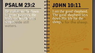 PSALM 23:2
He makes me lie down
in green pastures. He
leads me beside still
waters.
I am the good shepherd.
The good shepherd lays
down His life for the
sheep.
JOHN 10:11
 