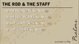 THE ROD & THE STAFF
- The rod PROTECTS the sheep
- The rod DISCIPLINES the sheep
- The staff COMFORTS the sheep
- The staff GUIDES the sheep
 