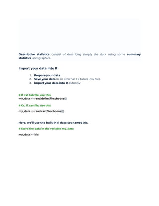 Summerization notes for descriptive statistics using r | DOCX