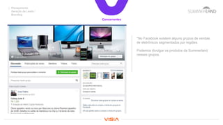 *No Facebook existem alguns grupos de vendas
de eletrônicos segmentados por regiões.
Podemos divulgar os produtos da Summerland
nesses grupos.
Concorrentes
Planejamento
Geração de Leads /
Branding
 