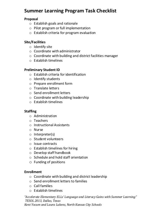 summer learning program task checklist