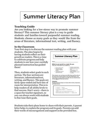 Teaching Guide
Are you looking for a low-stress way to promote summer
literacy? This summer literacy plan is a way to guide
students and families toward purposeful summer reading.
Students choose as many goals as they would like from the
areas of literature, informational text, writing, and fluency.
In the Classroom
Your first step is to discuss thesummer reading plan with your
students. The plan begins by
having studentsreflect on their
growth as readers. Thisis a time
to celebrateprogressand help
studentsto see how your carefully
planned instructionhasguided
them!
Then, studentsselect goals in each
section. The four sectionsare
literature, informationaltext,
writing, and fluency. The goals are
fairly open-ended and have lots of
room for interpretation. Thisisto
help readersof all abilitylevels to
find success. Don’t worry—thereis
a spacefor teacher signature, so
you can always work with students
to fine tune their goals.
Students taketheir plans home to sharewith their parents. A parent
letter helps to explainthe program and itsgoals. Parentscanadd
their words of encouragement and support inthe provided box.
Summer Literacy Plan
 