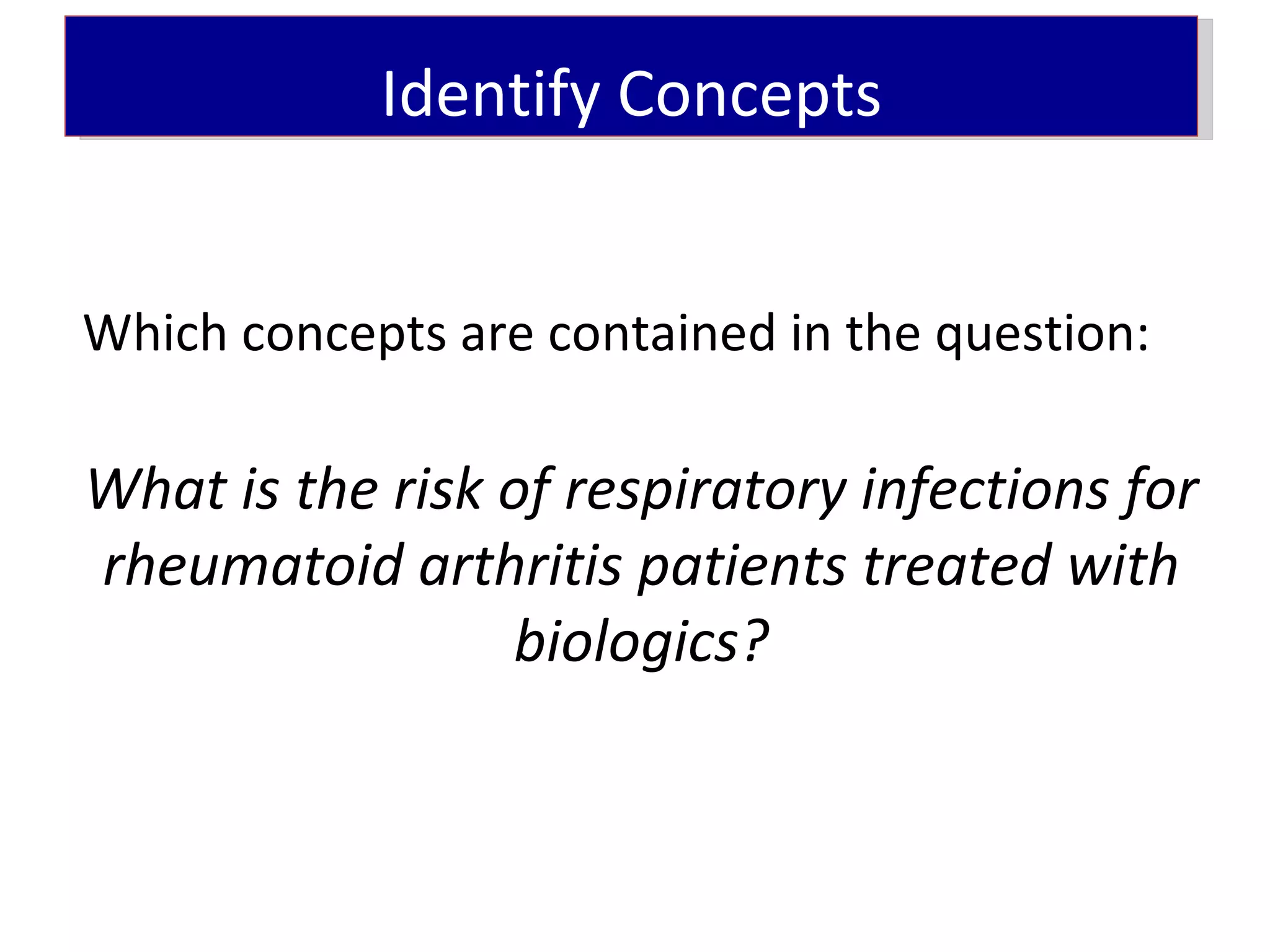Identify Concepts


Which concepts are contained in the question:

What is the risk of respiratory infections for
rheumatoid arthritis patients treated with
                 biologics?
 