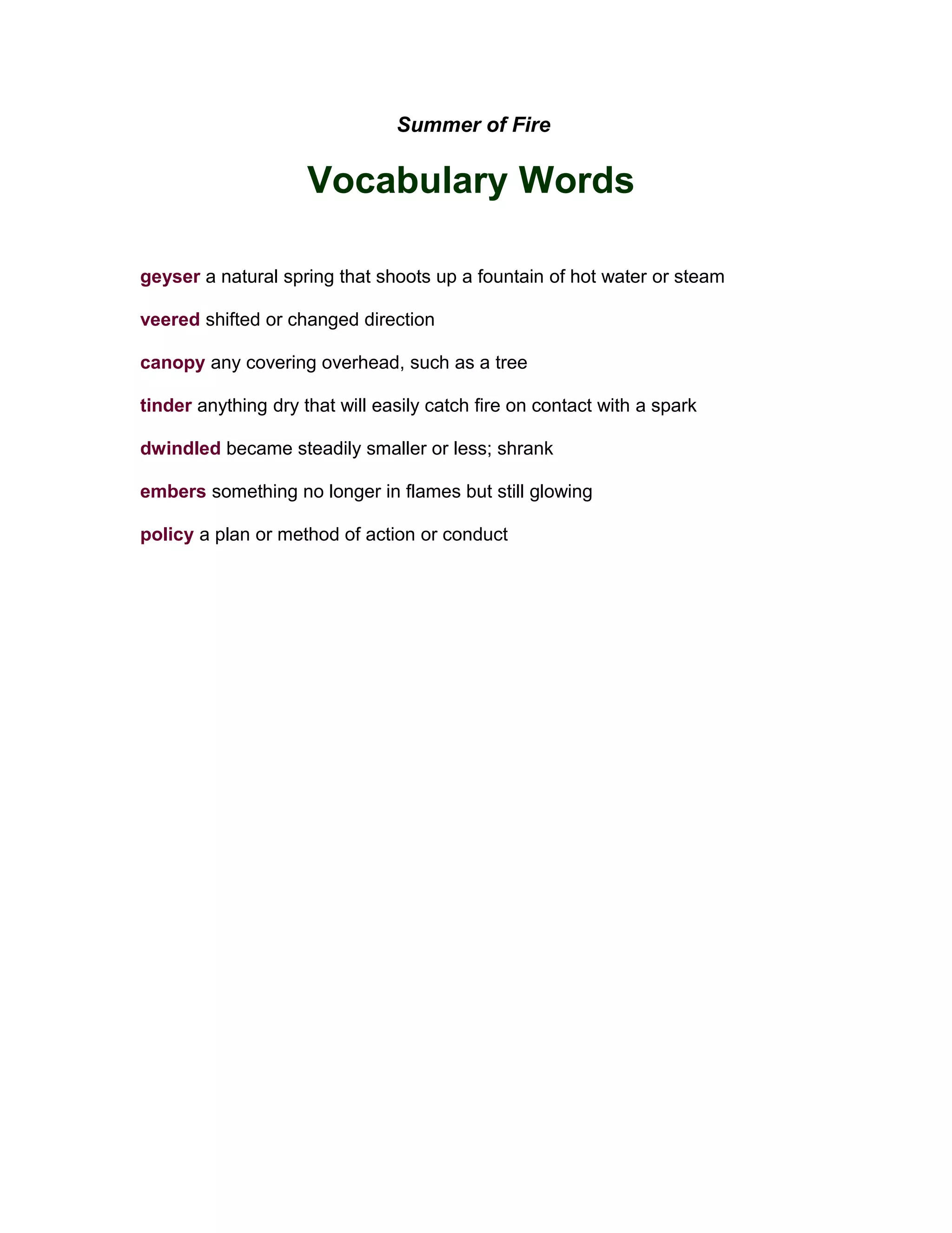 Summer of fire vocabulary words | DOC