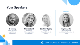 Your Speakers
JD Conway
Head of Talent
Acquisition at
BambooHR
Theresa Lund
Manager of
Talent Acquisition
at Glassdoor
Cou...