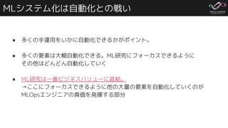 MLシステム化は自動化との戦い
● 多くの手運用をいかに自動化できるかがポイント。
● 多くの要素は大概自動化できる。ML研究にフォーカスできるように
その他はどんどん自動化していく
● ML研究は一番ビジネスバリューに直結。
→ここにフォーカスできるように他の大量の要素を自動化していくのが
MLOpsエンジニアの真価を発揮する部分
 