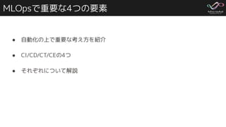 MLOpsで重要な4つの要素
● 自動化の上で重要な考え方を紹介
● CI/CD/CT/CEの4つ
● それぞれについて解説
 