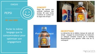 EMOJIS
PEPSI
US - Juin 2016
Parler le même
langage que le
consommateur pour
optimiser son
engagement
CONCEPT
Pepsi fait revivre une
publicité mythique des
années 90 avec Cindy
Crawford en surfant sur
la vague des emojis !
DECRYPTAGE
La démarche de la célèbre marque de soda est
simple : engager le consommateur en instaurant
un dialogue complice incarné par le hashtag
#sayitwithpepsi pour garantir l’effet viral de la
campagne!
 