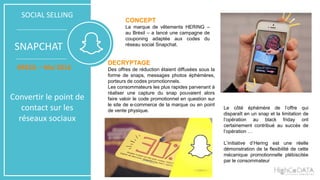SOCIAL SELLING
SNAPCHAT
BRESIL – Mai 2016
Convertir le point de
contact sur les
réseaux sociaux
CONCEPT
La marque de vêtements HERING –
au Brésil – a lancé une campagne de
couponing adaptée aux codes du
réseau social Snapchat.
DECRYPTAGE
Des offres de réduction étaient diffusées sous la
forme de snaps, messages photos éphémères,
porteurs de codes promotionnels.
Les consommateurs les plus rapides parvenant à
réaliser une capture du snap pouvaient alors
faire valoir le code promotionnel en question sur
le site de e-commerce de la marque ou en point
de vente physique.
Le côté éphémère de l’offre qui
disparaît en un snap et la limitation de
l’opération au black friday ont
certainement contribué au succès de
l’opération …
L’initiative d’Hering est une réelle
démonstration de la flexibilité de cette
mécanique promotionnelle plébiscitée
par le consommateur
 