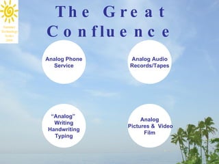 The Great Confluence Analog Phone Service Analog Audio Records/Tapes “ Analog”  Writing Handwriting Typing Analog Pictures &  Video Film 