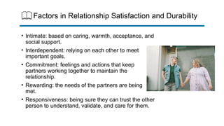 Factors in Relationship Satisfaction and Durability
• Intimate: based on caring, warmth, acceptance, and
social support.
• Interdependent: relying on each other to meet
important goals.
• Commitment: feelings and actions that keep
partners working together to maintain the
relationship.
• Rewarding: the needs of the partners are being
met.
• Responsiveness: being sure they can trust the other
person to understand, validate, and care for them.
 