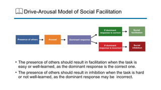 Drive-Arousal Model of Social Facilitation
• The presence of others should result in facilitation when the task is
easy or well-learned, as the dominant response is the correct one.
• The presence of others should result in inhibition when the task is hard
or not well-learned, as the dominant response may be incorrect.
 
