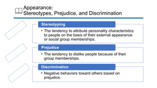 Appearance:
Stereotypes, Prejudice, and Discrimination
Cognition
Em
otion
Behavior
• The tendency to attribute personality characteristics
to people on the basis of their external appearance
or social group memberships.
Stereotyping
• The tendency to dislike people because of their
group memberships.
Prejudice
• Negative behaviors toward others based on
prejudice.
Discrimination
 