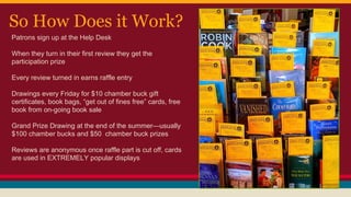 So How Does it Work?
Patrons sign up at the Help Desk
When they turn in their first review they get the
participation prize
Every review turned in earns raffle entry
Drawings every Friday for $10 chamber buck gift
certificates, book bags, “get out of fines free” cards, free
book from on-going book sale
Grand Prize Drawing at the end of the summer—usually
$100 chamber bucks and $50 chamber buck prizes
Reviews are anonymous once raffle part is cut off, cards
are used in EXTREMELY popular displays
 