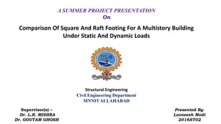 Structural Engineering
Civil Engineering Department
MNNIT ALLAHABAD
Supervisor(s) –
Dr. L.K. MISHRA
Dr. GOUTAM GHOSH
Presented By-
Lovneesh Modi
2016ST02
A SUMMER PROJECT PRESENTATION
On
Comparison Of Square And Raft Footing For A Multistory Building
Under Static And Dynamic Loads
 