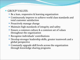 GROUP VALUES: Be a lean, responsive & learning organization Continuously improve to achieve world class standards and total customer satisfaction Proactively manage change Maintain high standards of integrity and safety Ensure a common culture & a common set of values throughout the organization Recognize individuals’ contributions Develop stronger leadership skills, greater teamwork and a global perspective Constantly upgrade skill levels across the organization through knowledge sharing programs 