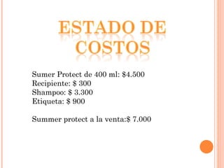 Sumer Protect de 400 ml: $4.500 Recipiente: $ 300 Shampoo: $ 3.300 Etiqueta: $ 900 Summer protect a la venta:$ 7.000 