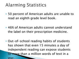 50 percent of American adults are unable to read an eighth grade level book.  46% of American adults cannot understand the label on their prescription medicine.  Out-of-school reading habits of students has shown that even 15 minutes a day of independent reading can expose students to more than a million words of text in a  year.  