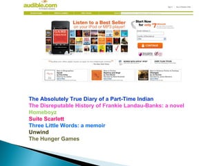 The Absolutely True Diary of a Part-Time Indian The Disreputable History of Frankie Landau-Banks: a novel Homeboyz Suite Scarlett Three Little Words: a memoir Unwind The Hunger Games 