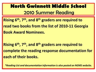 North Gwinnett Middle School 2010 Summer Reading Rising 6th, 7th, and 8th graders are required to read two books from the list of 2010-11 Georgia  Book Award Nominees. Rising 6th, 7th, and 8th graders are required to  complete the reading response documentation for  each of their books. *Reading List and documentation information is also posted on NGMS website.  