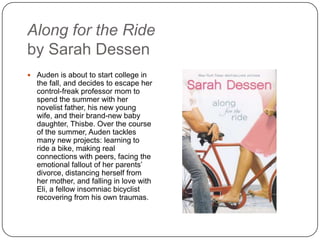 Along for the Ride
by Sarah Dessen
 Auden is about to start college in
the fall, and decides to escape her
control-freak professor mom to
spend the summer with her
novelist father, his new young wife,
and their brand-new baby
daughter, Thisbe. Over the course
of the summer, Auden tackles
many new projects: learning to
ride a bike, making real
connections with peers, facing the
emotional fallout of her parents’
divorce, distancing herself from
her mother, and falling in love with
Eli, a fellow insomniac bicyclist
recovering from his own traumas.
 