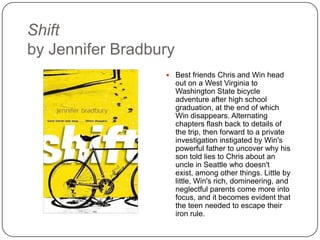 Shift
by Jennifer Bradbury
 Best friends Chris and Win head
out on a West Virginia to
Washington State bicycle
adventure after high school
graduation, at the end of which
Win disappears. Alternating
chapters flash back to details of
the trip, then forward to a private
investigation instigated by Win's
powerful father to uncover why his
son told lies to Chris about an
uncle in Seattle who doesn't exist,
among other things. Little by little,
Win's rich, domineering, and
neglectful parents come more into
focus, and it becomes evident that
the teen needed to escape their
iron rule.
 