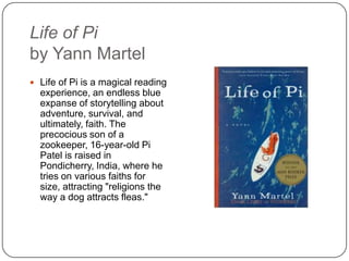 Unbroken
by Laura Hillenbrand
 On a May afternoon in 1943,
an Army Air Forces bomber
crashed into the Pacific
Ocean and disappeared,
leaving only a spray of debris
and a slick of oil, gasoline,
and blood. Then, on the
ocean surface, a face
appeared. It was that of a
young lieutenant, the plane’s
bombardier, who was
struggling to a life raft and
pulling himself aboard. So
began one of the most
extraordinary odysseys of the
Second World War.
 