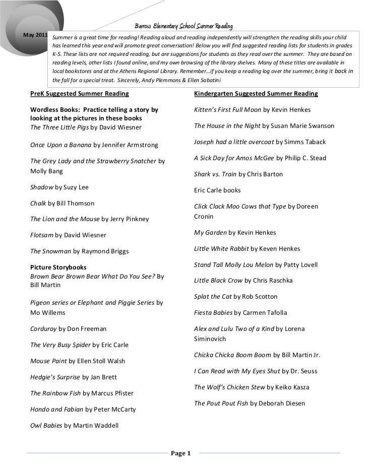 Barrow Elementary Suggested Summer Reading List