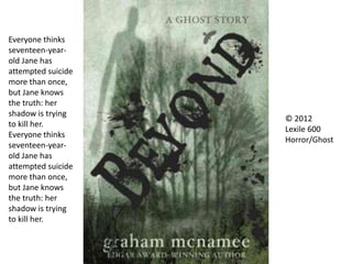 © 2012
Lexile 600
Horror/Ghost
Everyone thinks
seventeen-year-
old Jane has
attempted suicide
more than once,
but Jane knows
the truth: her
shadow is trying
to kill her.
Everyone thinks
seventeen-year-
old Jane has
attempted suicide
more than once,
but Jane knows
the truth: her
shadow is trying
to kill her.
 