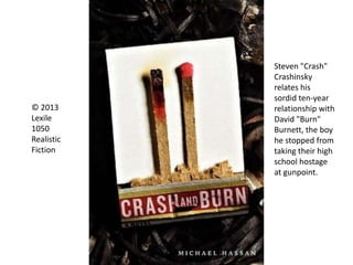 © 2013
Lexile
1050
Realistic
Fiction
Steven "Crash"
Crashinsky
relates his
sordid ten-year
relationship with
David "Burn"
Burnett, the boy
he stopped from
taking their high
school hostage
at gunpoint.
 