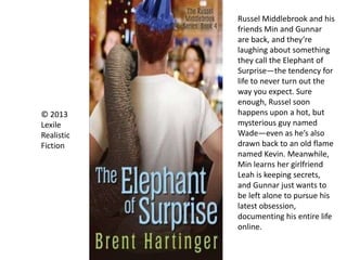 © 2013
Lexile
Realistic
Fiction
Russel Middlebrook and his
friends Min and Gunnar
are back, and they’re
laughing about something
they call the Elephant of
Surprise—the tendency for
life to never turn out the
way you expect. Sure
enough, Russel soon
happens upon a hot, but
mysterious guy named
Wade—even as he’s also
drawn back to an old flame
named Kevin. Meanwhile,
Min learns her girlfriend
Leah is keeping secrets,
and Gunnar just wants to
be left alone to pursue his
latest obsession,
documenting his entire life
online.
 