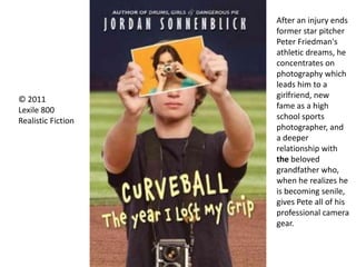 After an injury ends
former star pitcher
Peter Friedman's
athletic dreams, he
concentrates on
photography which
leads him to a
girlfriend, new
fame as a high
school sports
photographer, and
a deeper
relationship with
the beloved
grandfather who,
when he realizes he
is becoming senile,
gives Pete all of his
professional camera
gear.
© 2011
Lexile 800
Realistic Fiction
 