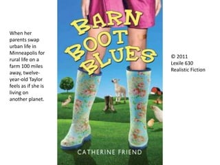 When her
parents swap
urban life in
Minneapolis for
rural life on a
farm 100 miles
away, twelve-
year-old Taylor
feels as if she is
living on
another planet.
© 2011
Lexile 630
Realistic Fiction
 