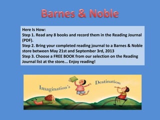 Here Is How:
Step 1. Read any 8 books and record them in the Reading Journal
(PDF).
Step 2. Bring your completed reading journal to a Barnes & Noble
store between May 21st and September 3rd, 2013
Step 3. Choose a FREE BOOK from our selection on the Reading
Journal list at the store... Enjoy reading!
 