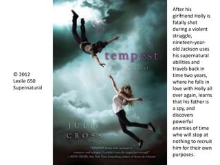 © 2012
Lexile 650
Supernatural
After his
girlfriend Holly is
fatally shot
during a violent
struggle,
nineteen-year-
old Jackson uses
his supernatural
abilities and
travels back in
time two years,
where he falls in
love with Holly all
over again, learns
that his father is
a spy, and
discovers
powerful
enemies of time
who will stop at
nothing to recruit
him for their own
purposes.
 
