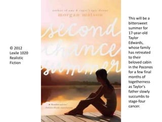 © 2012
Lexile 1020
Realistic
Fiction
This will be a
bittersweet
summer for
17-year-old
Taylor
Edwards,
whose family
has retreated
to their
beloved cabin
in the Poconos
for a few final
months of
togetherness
as Taylor's
father slowly
succumbs to
stage-four
cancer.
 