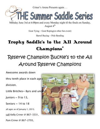 Criner’s Arena Presents again. . .
Monday June 3rd at 6:00pm and every Monday night til the finals on Sunday,
August 4th
Goat Tying ~ Goat Roping(or other fun event)
Barrel Racing ~ Pole Bending
Trophy Saddle’s to the All Around
Champions*
Reserve Champion Buckle’s to the All
Around Reserve Champions
Awesome awards down
thru tenth place in each age
division.
Little Britches~ 8yrs and under,
Juniors ~ 9 to 13,
Seniors ~ 14 to 18
all ages as of January 1, 2013.
call Kelly Criner @ 867-3331,
Pam Criner @ 867-2793,
 