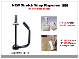 NEW Stretch Wrap Dispenser $76
3” $45.90/case
18 rolls per case
15” $45.90/case
18” $59.90/case
4 rolls per case
$50
All new LOW prices!
Adjustable 14”-18”
 
