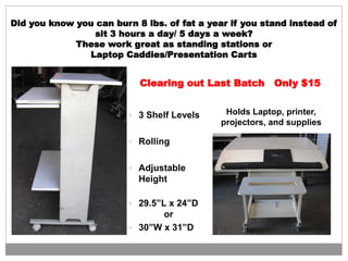 Did you know you can burn 8 lbs. of fat a year if you stand instead of
sit 3 hours a day/ 5 days a week?
These work great as standing stations or
Laptop Caddies/Presentation Carts
 3 Shelf Levels
 Rolling
 Adjustable
Height
 29.5”L x 24”D
or
 30”W x 31”D
Holds Laptop, printer,
projectors, and supplies
Clearing out Last Batch Only $15
 