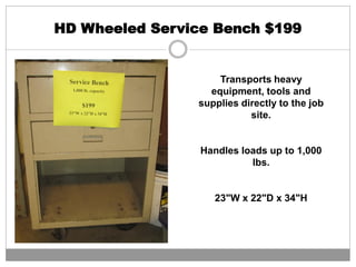 HD Wheeled Service Bench $199
Transports heavy
equipment, tools and
supplies directly to the job
site.
Handles loads up to 1,000
lbs.
23"W x 22"D x 34"H
 