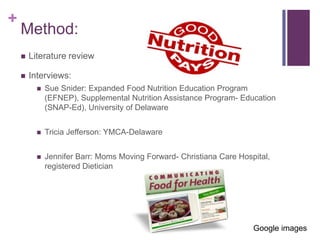 +
    Method:
       Literature review

       Interviews:
             Sue Snider: Expanded Food Nutrition Education Program
              (EFNEP), Supplemental Nutrition Assistance Program- Education
              (SNAP-Ed), University of Delaware


             Tricia Jefferson: YMCA-Delaware


             Jennifer Barr: Moms Moving Forward- Christiana Care Hospital,
              registered Dietician




                                                                      Google images
 