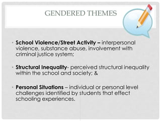 GENDERED THEMES

• School Violence/Street Activity – interpersonal
violence, substance abuse, involvement with
criminal justice system;
• Structural Inequality- perceived structural inequality
within the school and society; &
• Personal Situations – individual or personal level
challenges identified by students that effect
schooling experiences.

 