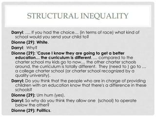 STRUCTURAL INEQUALITY
Darryl: …. If you had the choice… (in terms of race) what kind of
school would you send your child to?
Dionne (29): White.
Darryl: Why?
Dionne (29): 'Cause I know they are going to get a better
education… the curriculum is different. … compared to the
charter school my kids go to now… the other charter schools
around, the curriculum is totally different. They (need to ) go to …
a college charter school (or charter school recognized by a
quality university).
Darryl: Do you think that the people who are in charge of providing
children with an education know that there's a difference in these
schools?
Dionne (29): Um hum (yes).
Darryl: So why do you think they allow one (school) to operate
below the other?
Dionne (29): Politics.

 
