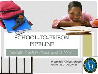 SCHOOL-TO-PRISON
PIPELINE
HOW PERCEIVED EXPERIENCES WITH TEACHERS LEAD
STUDENTS TO STREET BEHAVIOR INSIDE SCHOOLS

Presenter: Ashlee Johnson
University of Delaware

 