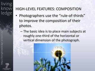 Photographers use the “rule-of-thirds” to improve the composition of their photos.The basic idea is to place main subjects at roughly one-third of the horizontal or vertical dimension of the photograph. High-level features: Composition