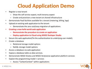Cloud Application Demo
•   Register a new tenant
     – Show the self service aspect, multi tenancy aspect
     – Create a...
